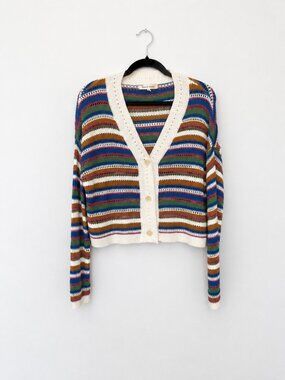 Hazel Moon Crop Light Weight Cardigan Striped Multicolor Relaxed Fit Size Small